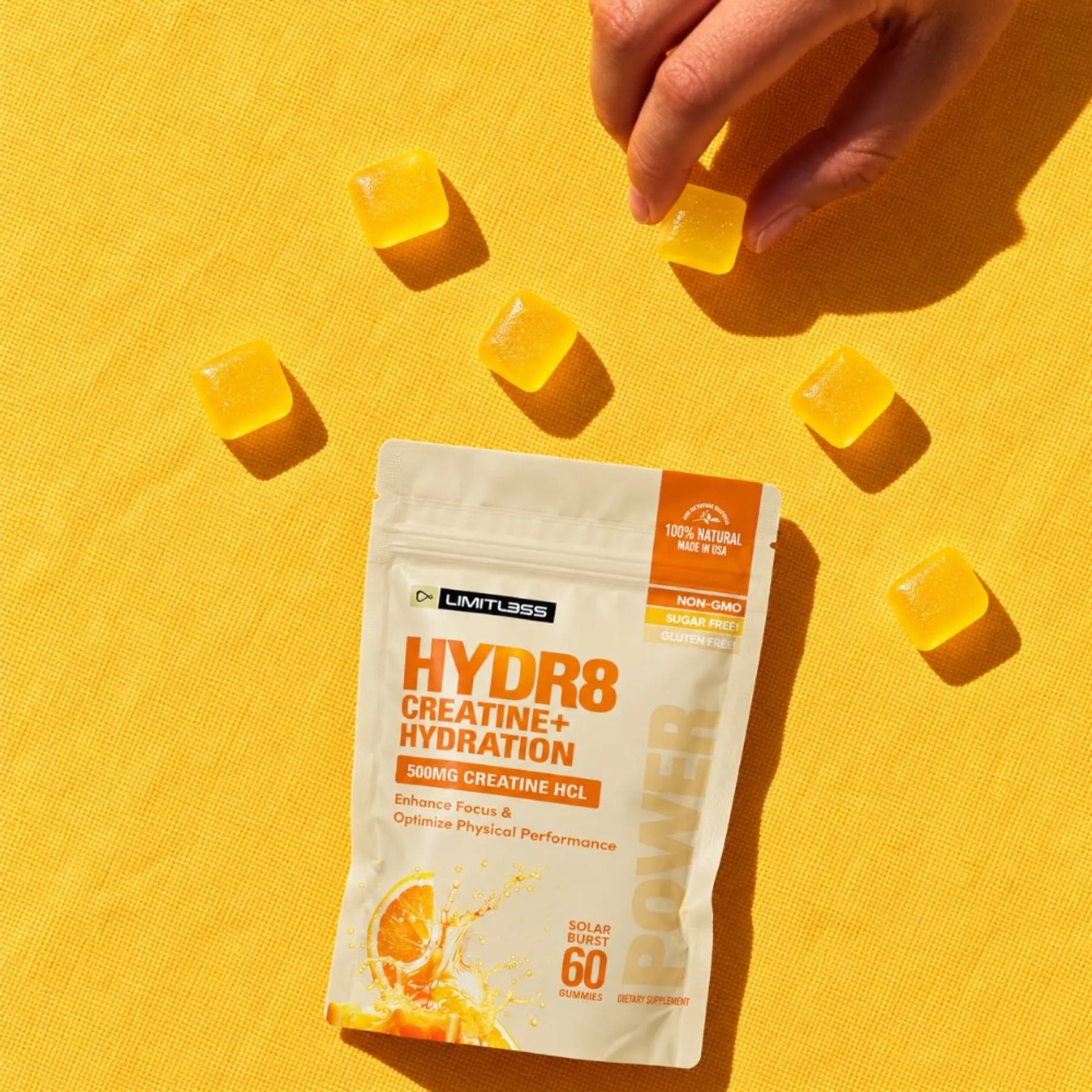 HYDR8 on golden fabric