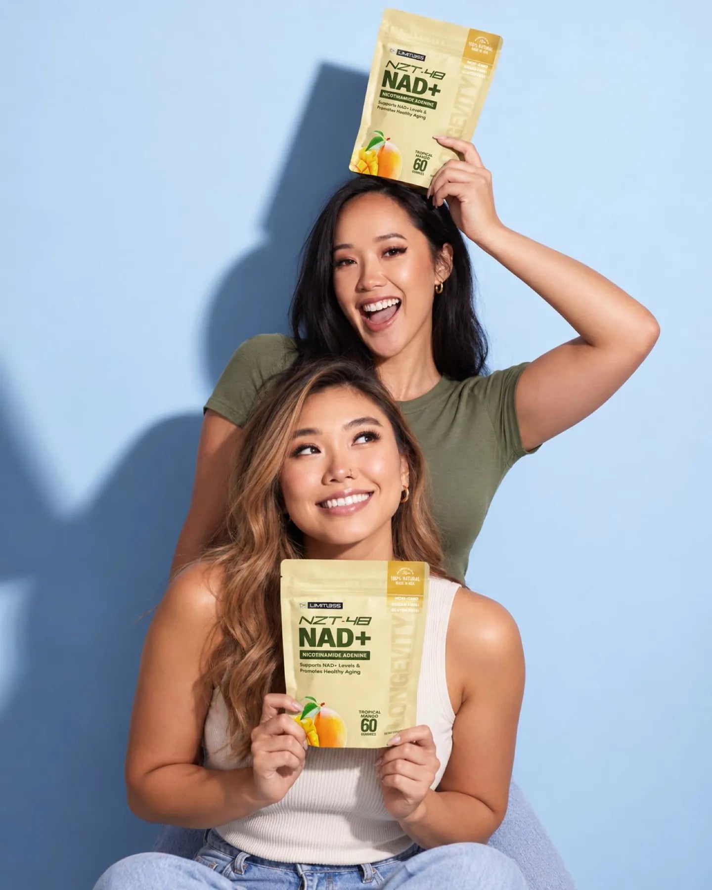 Two friends with stacked pouches