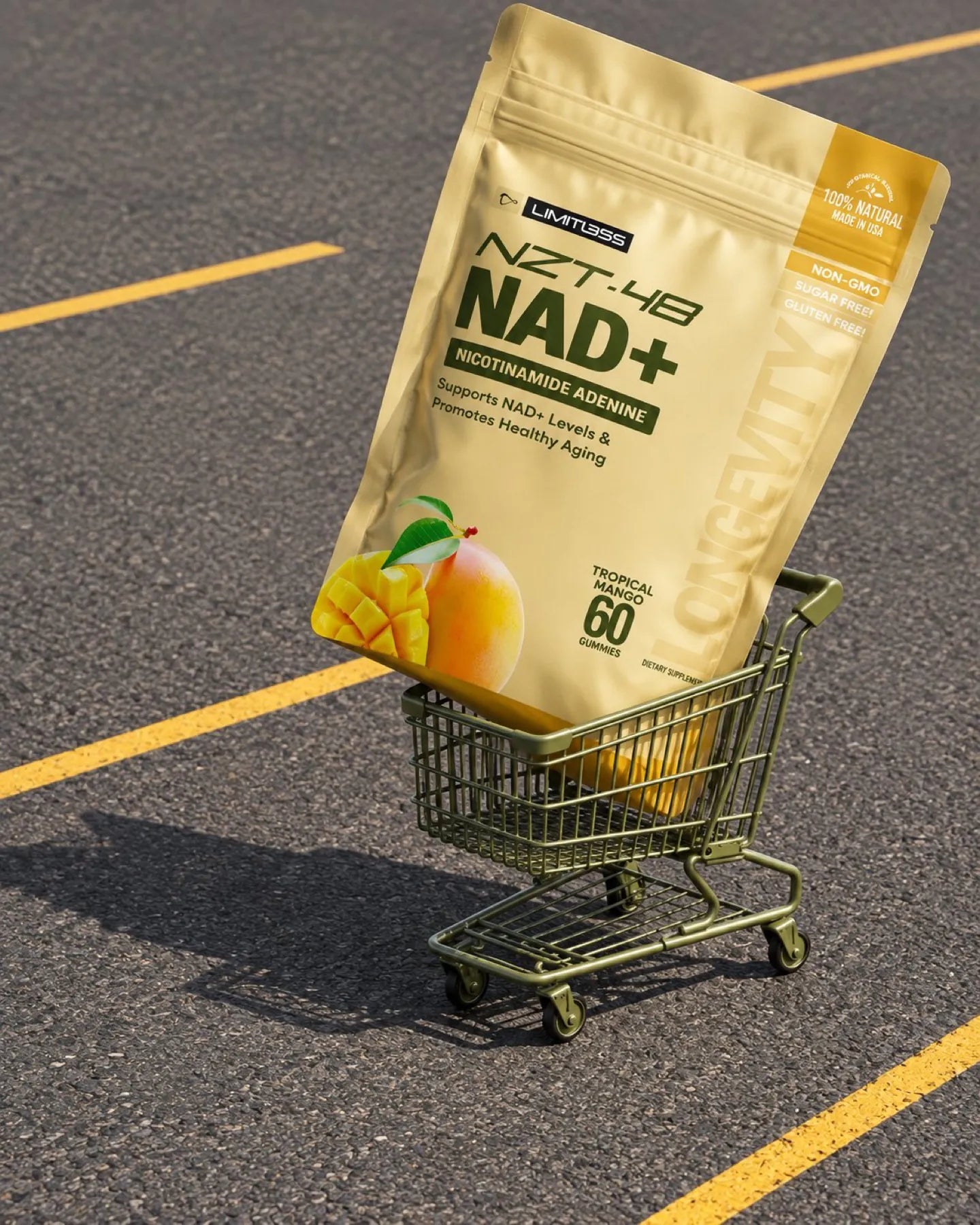 An oversized pouch in a mini cart