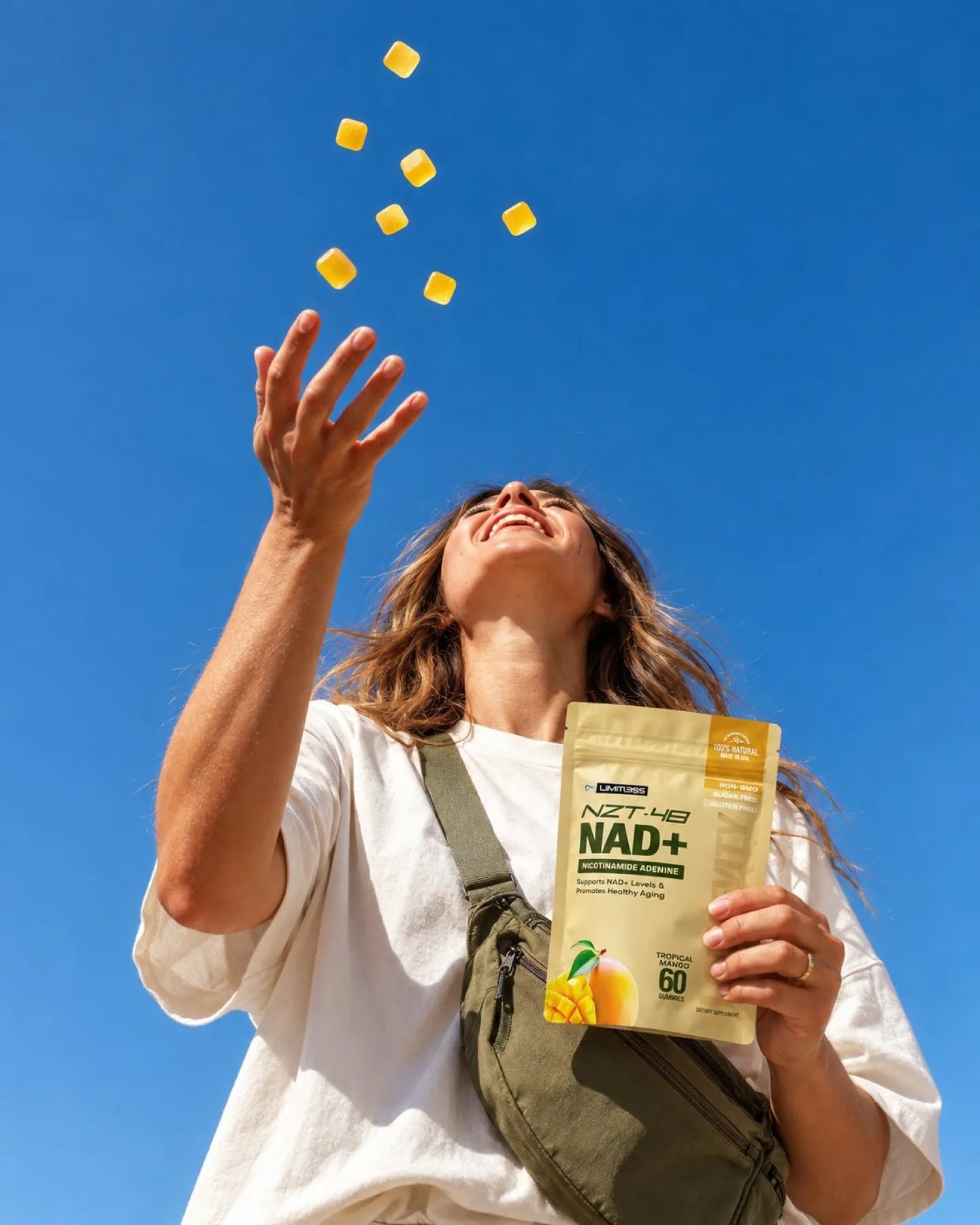 Tossing a gummy against a blue sky
