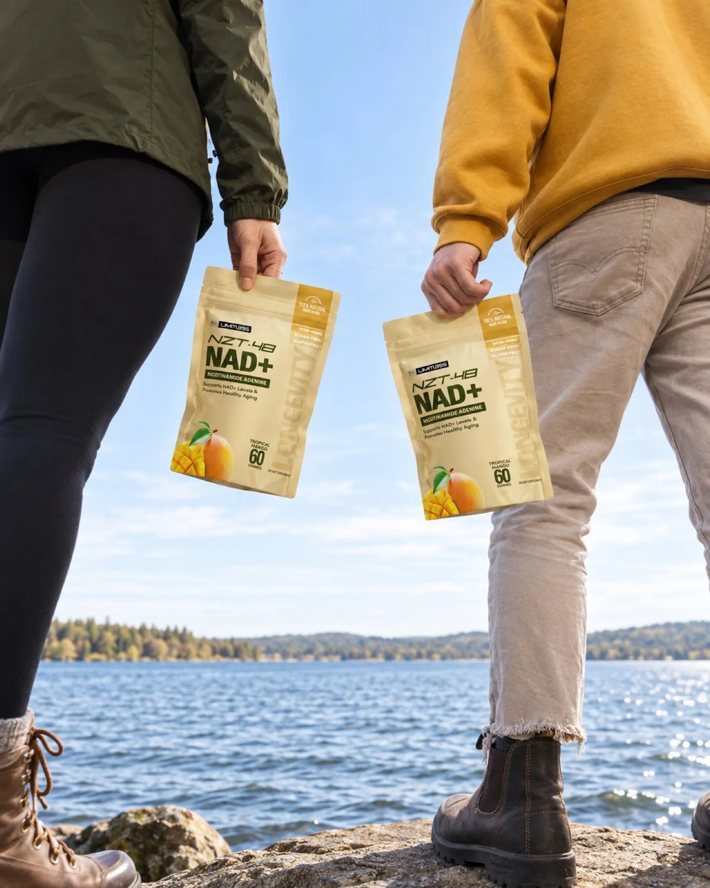 Two NZT-48 NAD+ pouches by the lake