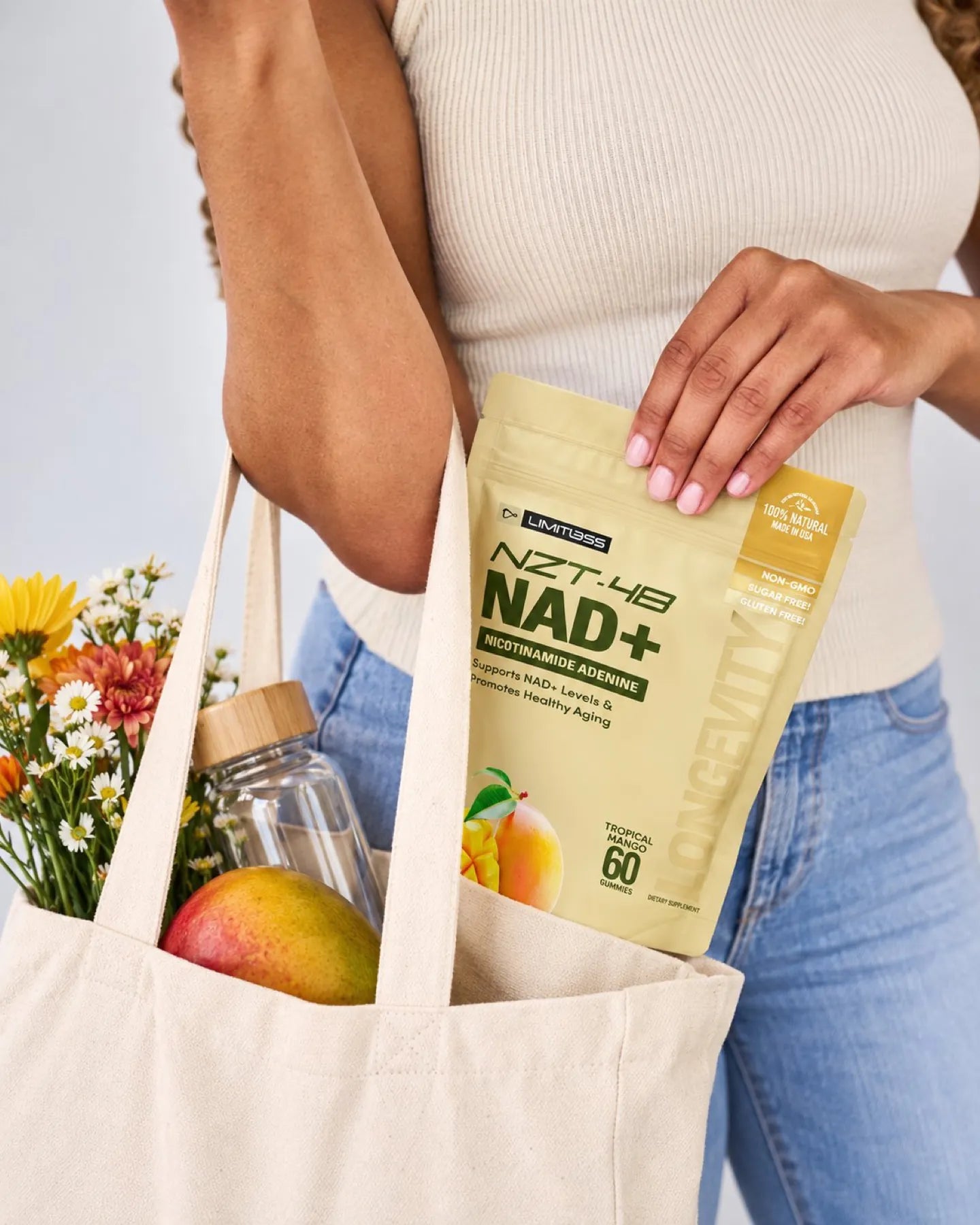 The pouch tucked into a canvas tote