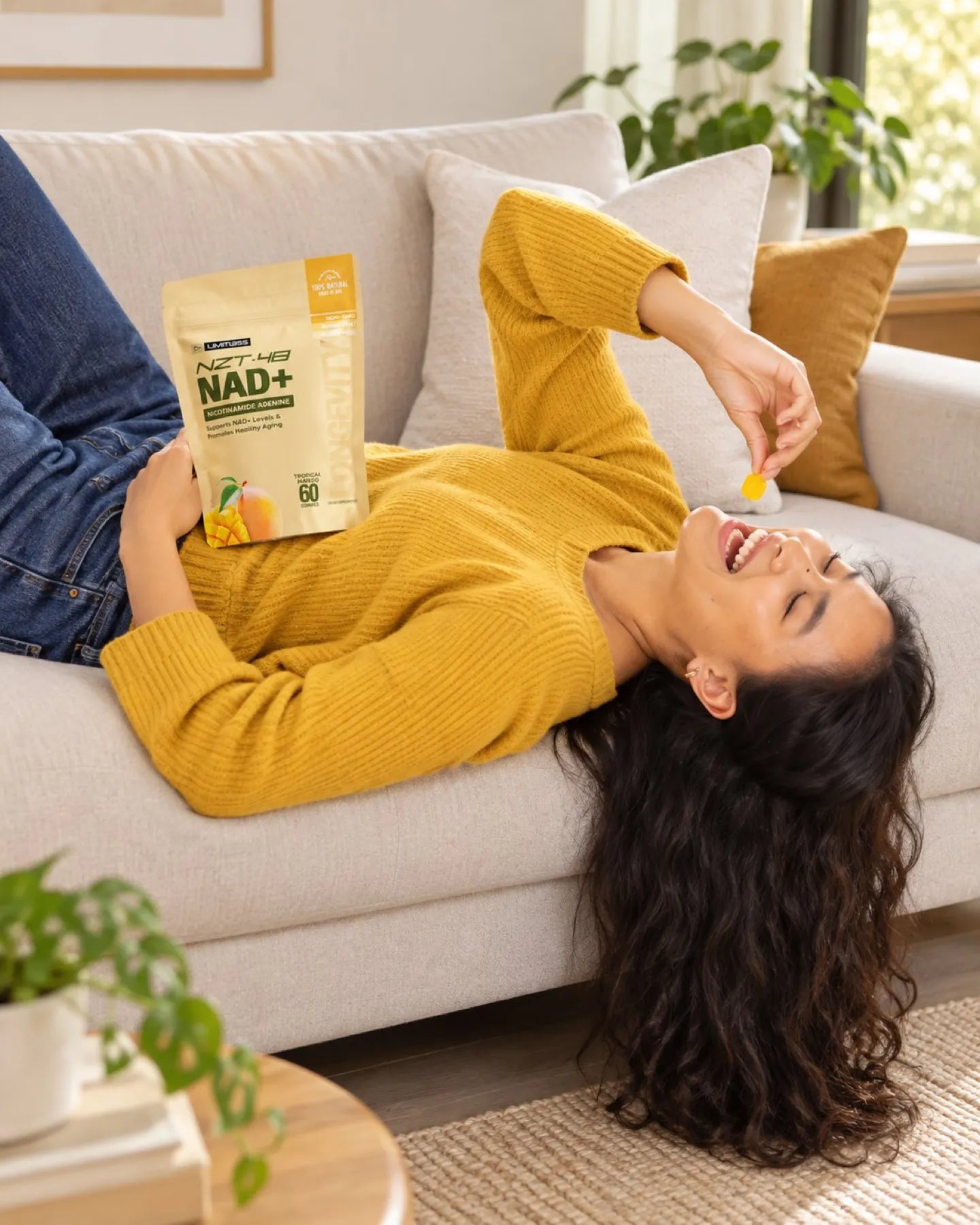 A playful moment on the sofa with a gummy