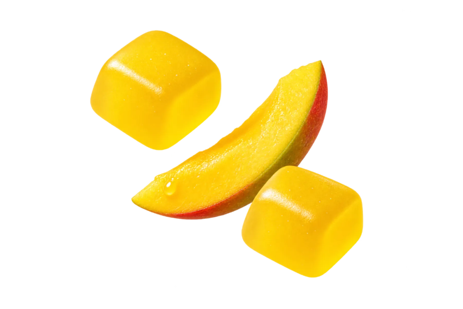 Two Tropical Mango gummies with a mango slice